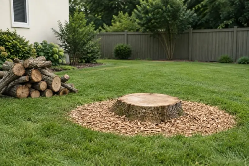 Freshly cut tree stump with wood chips and a stack of logs in a backyard
