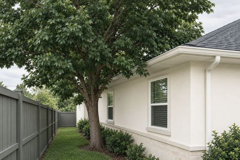 Mature tree growing close to a house in a narrow side yard beside a fence